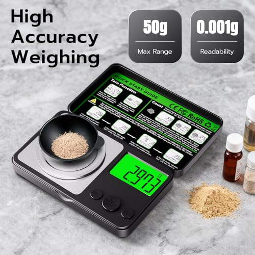 Wigearss Digital Milligram Scale 50g x 0.001g, Mini Precision Scale with Tare Weight Function, Calibration Weight ＆ Backlit LCD Display, Pocket Micro Scale for Weighing Powder, Gold, Jewelry, Herbs - color: Black