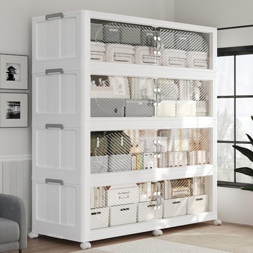1280QT Extra Large Stackable Storage Bins with Lid, 320Gal Plastic Closet Organizers and Storage Drawer, Collapsible Cabinet Box with Wheels Clear Doors for Home Kitchen Garage, 4Pack White - color: White, size: 320QT-4Pack