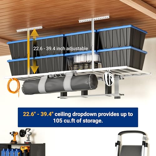 FLEXIMOUNTS 4x8 Overhead Garage Ceiling Storage Rack with 6 Hooks, White - color: White