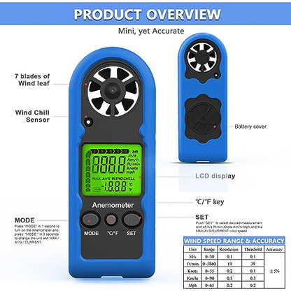 HoldPeak Handheld Anemometer Mini, 65MPH Small Wind Speed Meter Gauge Air Flow Velocity Temperature Measuring Device for Outdoor Sailing Surfing Drone Flying Golf Shooting HVAC 816BH - color: HP-816B-with Blue Sheath-1PC