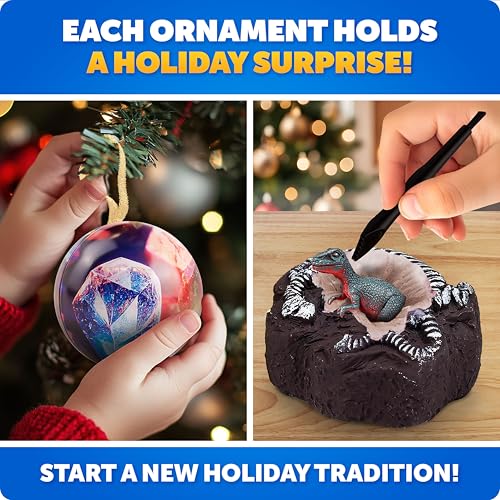 Blue Marble Science Surprise Christmas Ornament Dig Kits - 4 Ornaments with Mini Gemstone and Dinosaur Digs Inside, Includes Tools and Learning Guide - style: Dig Kit Ornaments