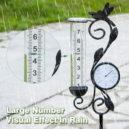 36in Dragonfly Rain Gauge Thermometer Black Metal Garden Stake Decor - color: Black Dragonfly