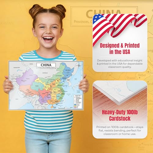China Map Poster 11x17 | Laminated Double-Sided Geography Chart with Color Map Front & Blank Outline Back | Reusable Classroom & Homeschool Learning Tool - color: China