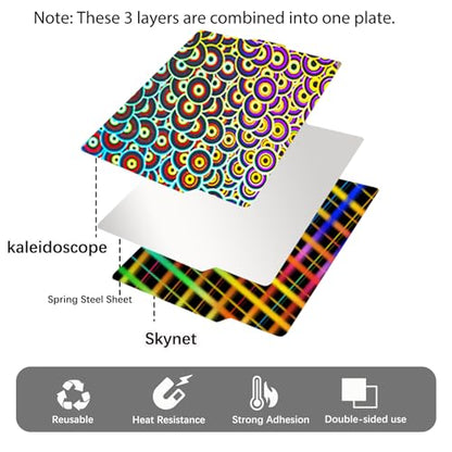 2pcs with 3 Patterns Smooth Kaleidoscope+Skynet Build Plate &Textured PEI Sheet 257x257mm, Double Sided Flexible 3D Printer Platform for Bambu Lab X2D/P2S/A1/X1/X1C/X1E/P1P/P1S 3D Printers - color: H5H&PEI(2PC)
