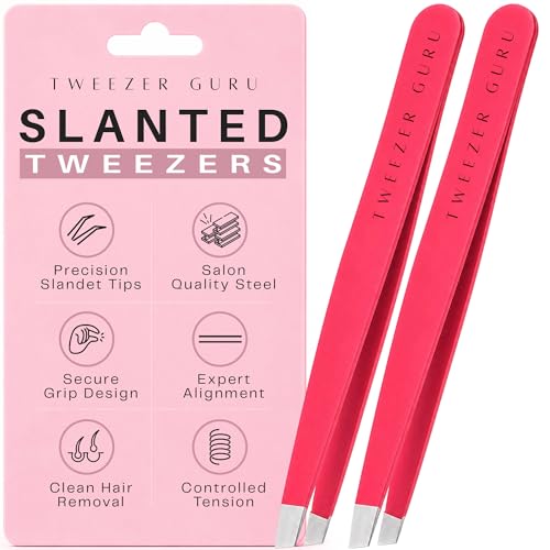 Tweezer Guru Tweezers for Women Facial Hair & Men – Precision Slant-Pointed Eyebrow Tweezer for Ingrown Hair, Blackhead & Splinter Removal (2 Bright Pink) - color: Bright Pink, size: 2 Count (Slant)