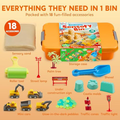 JOVA Klever Kits Construction Sensory Bin for Kids with Glow in The Dark Stones, Sandbox with Lid Castle Building kit, Preschool Learning Activities Gifts for Boys Girls Age 3+ - style: Construction
