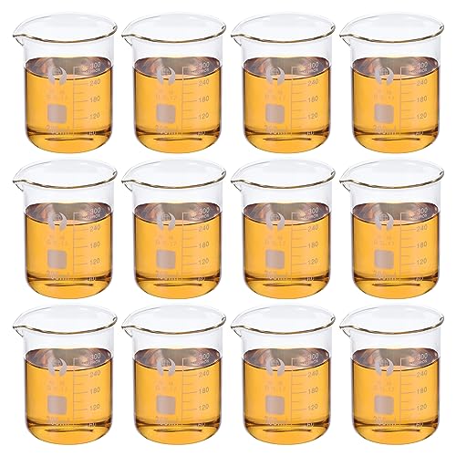 PATIKIL 300ml Low Form Glass Beaker, 12 Pack 3.3 Borosilicate Glass Graduated Printed Scale Measuring Cups with Spout for Kitchen Lab Liquids - size: 300ml