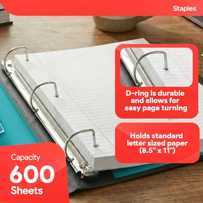 Staples Heavy-Duty 3-Inch D-Ring Binder, Teal, 600 Sheets - color: Teal, size: 3-Inch