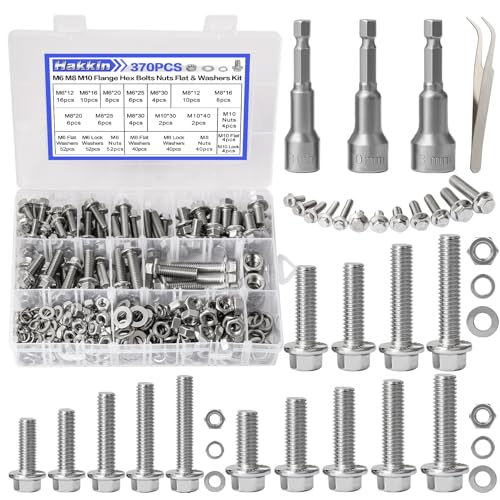370PCS Metric Flange Bolt Assortment, M6x1.0, M8x1.25, M10x1.5 (12mm to 40mm) Hex Head Bolts and Nuts Assortment, Stainless Steel 304 Flange Bolts Nuts Washers Kit Hakkin, Hex Socket Included - size: L. M6 M8 M10