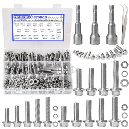 370PCS Metric Flange Bolt Assortment, M6x1.0, M8x1.25, M10x1.5 (12mm to 40mm) Hex Head Bolts and Nuts Assortment, Stainless Steel 304 Flange Bolts Nuts Washers Kit Hakkin, Hex Socket Included - size: L. M6 M8 M10