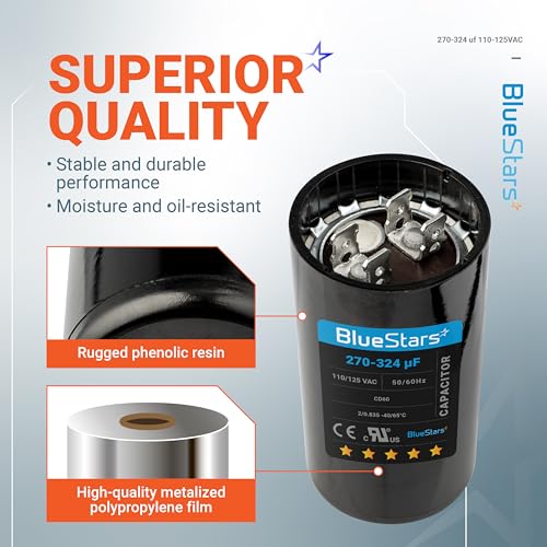 [UL Certified] BlueStars 270-324 uF MFD 110-125 VAC Round Motor Start Capacitor 50/60 Hz AC Electric Replacement Part for AC Motors Starting or Pool Pump or Well Pump - size: 270-324 MFD 110-125 VAC