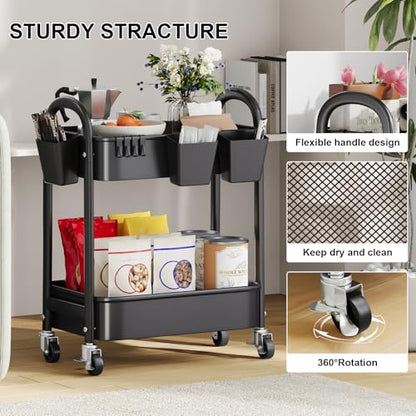 2 Tier Rolling Cart Metal on Wheels,Two Tiered Short Side Table with Wheels - color: Matte Black, size: 2 tier