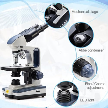 Swift Digital Binocular Compound Microscope 40X-2500X, with 5MP USB Camera, Two-Layer Mechanical Stage and Software Windows and Mac Compatible and Slides,Siedentopf Head,Research-Grade - style: SW350B+5MP Camera