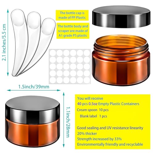 40 PCS 15g Amber Plastic Containers with Black Lids,Small Makeup Containers,0.5oz Small Sample Pot Jars Round Travel Cosmetic Jars with Spatulas for Liquid Sample Powder Cream Lotion - color: Amber, size: 15g