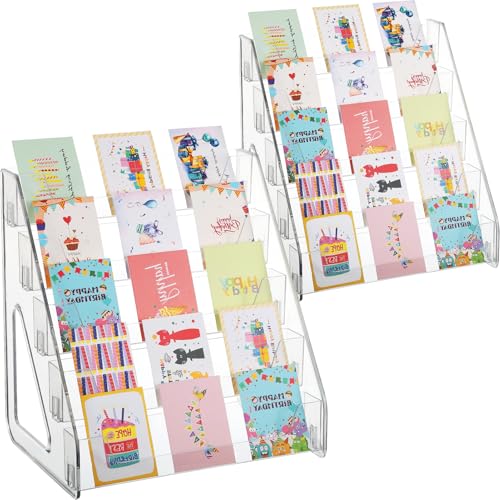2 Pack 5-Tier Acrylic Card Display Stand (Taller) Clear Display Shelf Desktop for Trading Cards, Sports Cards, Greeting Card, Stickers & Brochures, Easy Clip-On Design - color: 2 Clear Case
