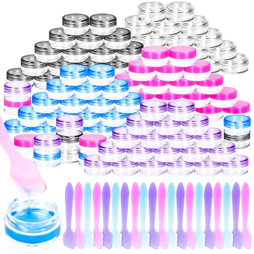 100 Pcs 5g Empty Plastic Containers with Colored Lids,Mini Makeup Sample Containers, Small Sample Pot Jars Round Cosmetic Jars with Mini Spatulas for Liquid Sample Powder Creams Lotions - color: Colored, size: 100PCS