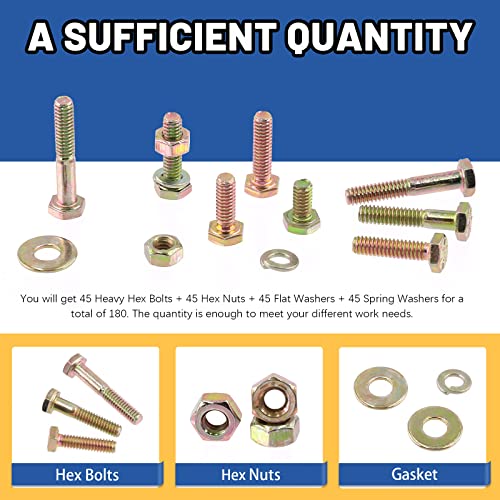 Glarks 180Pcs 1/4"-20 Grade 8 Coarse Thread Hex Bolts Nuts Screws Washers Assortment Kit, 5 Size 1/2", 3/4", 1", 1-1/4", 1-1/2" Hex Head Cap Screws and Hex Nuts Flat Washers Lock Washers Set