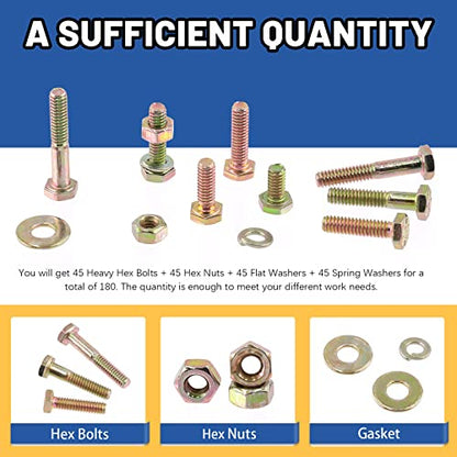 Glarks 180Pcs 1/4"-20 Grade 8 Coarse Thread Hex Bolts Nuts Screws Washers Assortment Kit, 5 Size 1/2", 3/4", 1", 1-1/4", 1-1/2" Hex Head Cap Screws and Hex Nuts Flat Washers Lock Washers Set