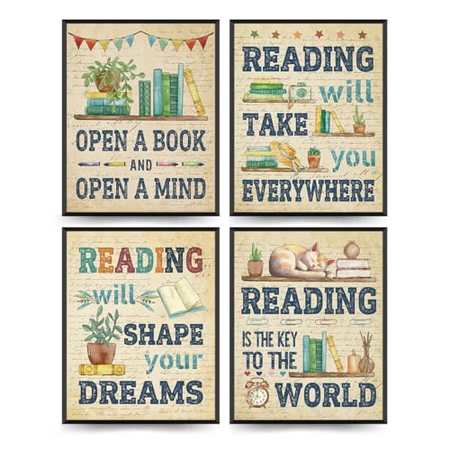 ETVISO Reading Posters for Library Set of 4, Classroom Decor, Library Decor, Book Club Decorations, Book Lovers Gifts, Retro Vintage Wall Art for Reading Room Classroom Nursery, 8x10 (Unframed) - color: Reading -cat, size: 8x10 in