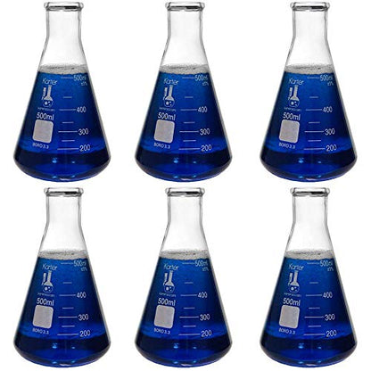 500ml Narrow Mouth Erlenmeyer Flask, 3.3 Borosilicate Glass, Karter Scientific 213G21 (Pack of 6) - size: 500ml, style: Pack of 6