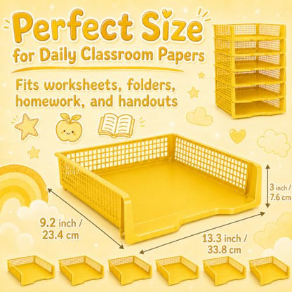 6 Pcs Yellow Turn in Trays Classroom, Stackable Paper Bins for Classroom, 13x9x2.8 inch Plastic Baskets Desktop Organization System Office (Yellow) - color: Yellow