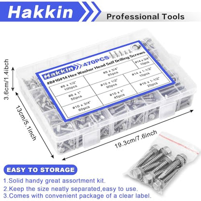 470Pcs Self Tapping Screws for Metal #8#10#14, Hakkin 410 Stainless Steel Self Drilling Screws Assortment Kit, Hex Washer Head Sheet Metal Screws Kit, Tek Screws 1/2" 3/4" 1" 1-1/2", Socket Included - size: N. #8#10#14