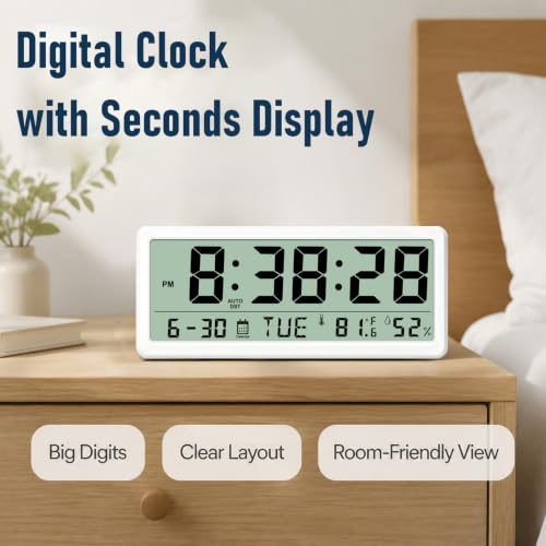 Magnetic Digital Clock with Seconds,8.5inch LCD Alarm Clock for Fridge - color: White