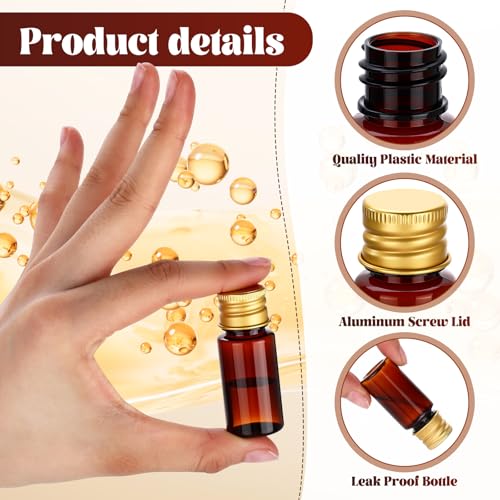 200 Pcs 10ml Mini Plastic Bottles Vials Tiny Jar with Aluminum Screw Lid Cap Clear Plastic Sample Container with Sealed Top Metal Lid for Cosmetic Essential Oil Specimen (Gold and Amber) - color: Gold and Amber