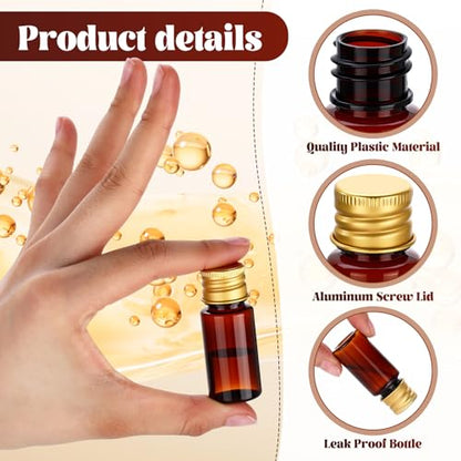 200 Pcs 10ml Mini Plastic Bottles Vials Tiny Jar with Aluminum Screw Lid Cap Clear Plastic Sample Container with Sealed Top Metal Lid for Cosmetic Essential Oil Specimen (Gold and Amber) - color: Gold and Amber
