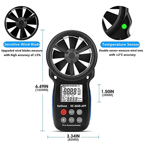 Bluetooth Anemometer Wind Speed Meter w/Data Logger, Kethvoz 866B-APP - color: 866BAPP w/ data logging