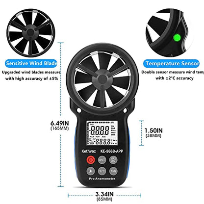 Bluetooth Anemometer Wind Speed Meter w/Data Logger, Kethvoz 866B-APP - color: 866BAPP w/ data logging