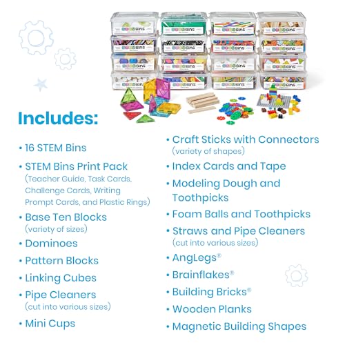 hand2mind STEM Bins Comprehensive Set by Brooke Brown, STEM Bins for Classroom, STEM Manipulatives for Elementary, STEM Activities, Kids Engineering Building Kits, Science Teacher Supplies (Set of 16)