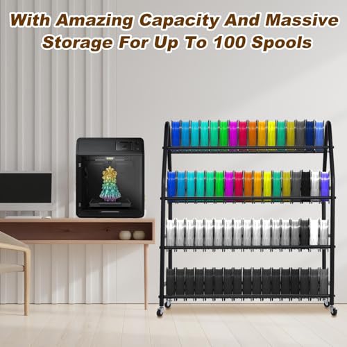 3D Printer Filament Storage Rack For 100 Spools, Rolling Filament Spool Holder, Heavy Duty Metal Shelf For ABS/PL A/TPU/Nylon, 3D Printing Accessories For Studio Office Workshop