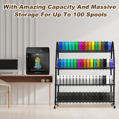 3D Printer Filament Storage Rack For 100 Spools, Rolling Filament Spool Holder, Heavy Duty Metal Shelf For ABS/PL A/TPU/Nylon, 3D Printing Accessories For Studio Office Workshop