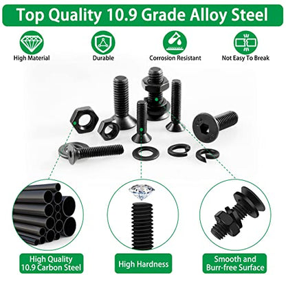 1500PCS Screw Assortment Kit, M2-M6 10.9 Alloy Steel Hex Flat Cap Bolts - size: M2 M3 M4 M5 M6 1500pcs 1