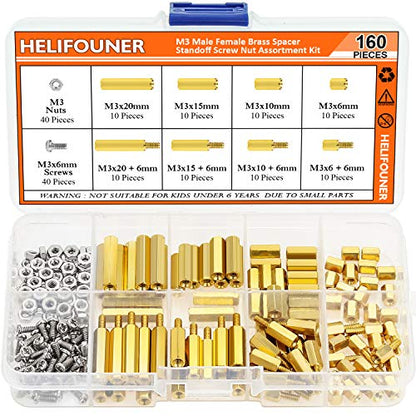HELIFOUNER 160 Pieces M3 Male Female Hex Brass Spacer Standoff Screw Nut Assortment Kit - size: M3 Brass Standoff Kit