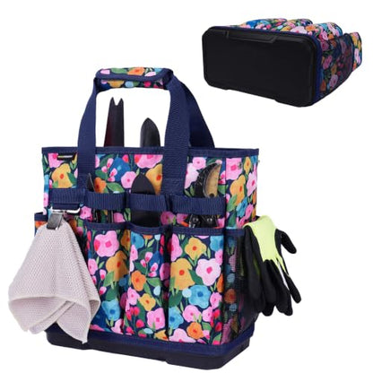 MELOTOUGH 12-Pocket Garden Tool Bag with Hard Bottom, Gardening Tote, Blue - color: Blue Flower