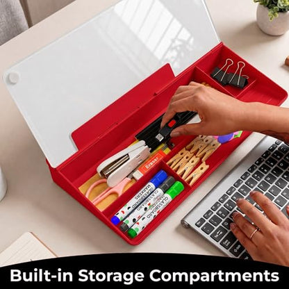 Chalkola Red/White Glass Desktop Whiteboard with Storage, Dry Erase Board - color: Red/White