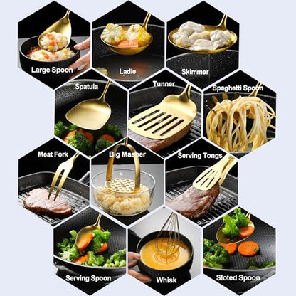 Gold Kitchen Cooking Utensils Set 13 PCS Stainless Steel 12-13.7" - color: Gold-13
