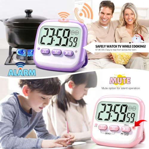 Antonki 2 Pack Classroom Timers for Kids Teachers, Magnetic Countdown Digital Kitchen Timer for Cooking, Study, Exercise, Games, Time Mangement - Loud/Silent Mode - Battery Included - color: Pink & Purple