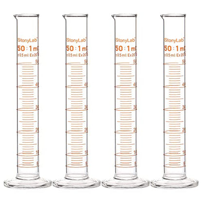 StonyLab 4-Pack Borosilicate Glass 50ml Heavy Wall Graduated Cylinder Measuring Cylinder, 50ml - size: 50 ml