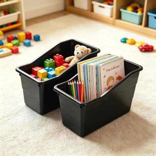 12 Pack Book Bins for Classroom Stackable Plastic Storage with Labels - color: Black