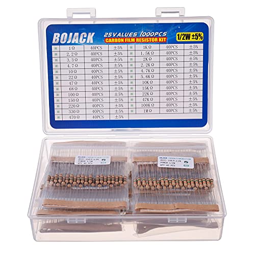 BOJACK 1000 Pcs 25 Values Resistor Kit 1 Ohm-1M Ohm with 5% 1/2W Carbon Film Resistors Assortment - size: 1/2 W