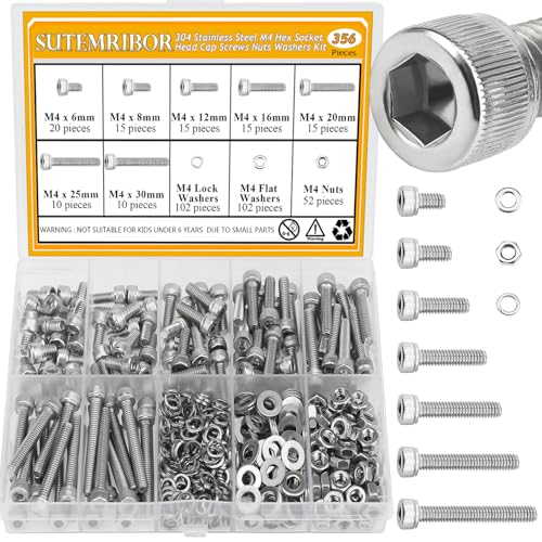 356 Pieces M4 Screws Nuts Washers Set, Sutemribor M4 x 6/8/12/16/20/25/30mm Hex Socket Head Cap Screws Nuts Washers Assortment Kit, 304 Stainless Steel, Fully Threaded - size: M4, style: Socket Head