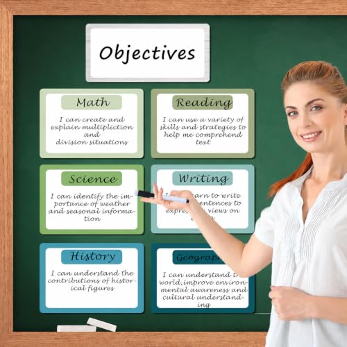 7 Pack Magnetic Write & Wipe Paper Organization Chart, Green Blank Dry Erase Objectives Labels Learning Magnets with 1 Black Pen & 30x20cm Back Card - style: Green