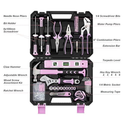 Enventor Tool Set with Fitted Storage Case, 146 Pieces, Pink - color: Pink