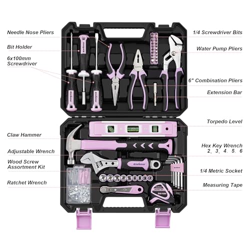 Enventor Tool Set with Fitted Storage Case, 146 Pieces, Pink - color: Pink