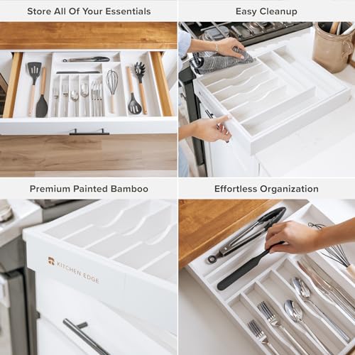 KitchenEdge Silverware & Utensil Organizer | White Bamboo, 16-28 In - color: White Bamboo, size: From 16" to 28" Wide