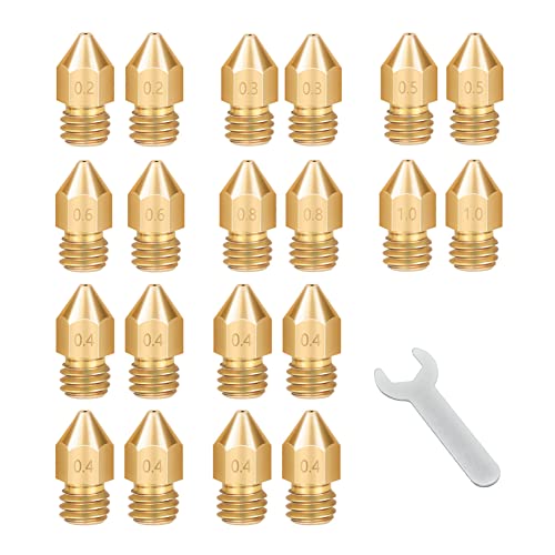 Lokkr 3D Printer Brass Extruder Nozzles Set, 20PCS Brass MK8 Nozzles (0.2MMx2 0.3MMx2 0.4MMx8 0.5MMx2 0.6MMx2 0.8MMx2 1MMx2) with Wrench for Makerbot, E3D, Creality CR-10/Ender 3/3 V2/3 S1/5, Prusa i3 - style: 0.4mm Brass Extruder Nozzles Set