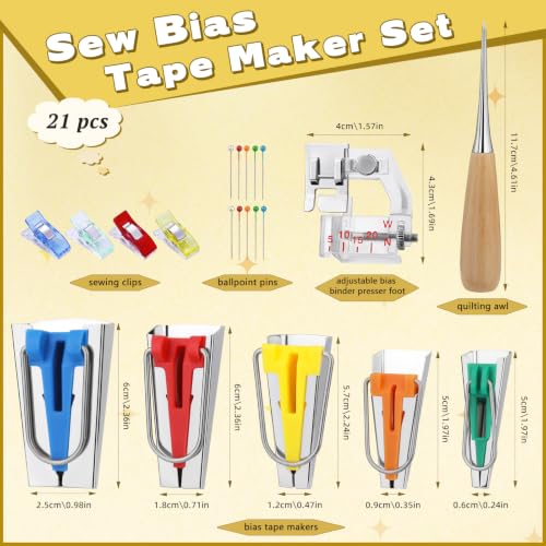 5 Sizes Bias Tape Makers Kit, Binding Foot, Awl, Clips, Bead Needles - color: 5 Colors-1